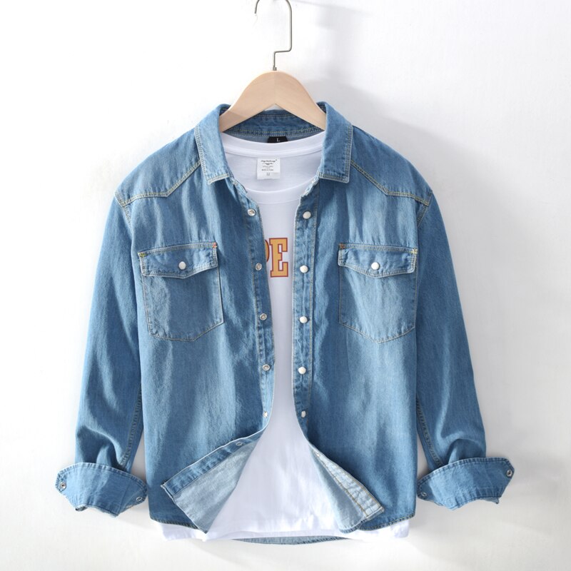 Mærke tøj mandlige mærke tøj slim fit afslappet ren bomuld cowboy langærmet skjorte/denim skjorter til mænd: Lyseblå / S