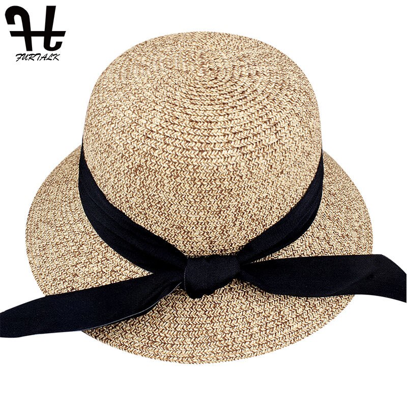 FURTALK Sun Hat for Women Summer Panama Hat Female UV Protection Floppy Beach Straw Hat Ladies Wide Brim Travel Sun Bucket Cap: Mixed khaki / L