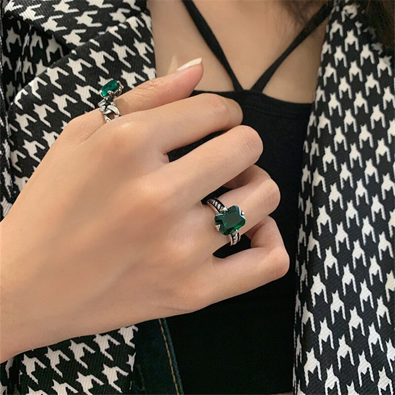 AOMU Retro Distressed Metal Green Zircon Geometric Round Square Luxury Opening Ring for Women Jewelry