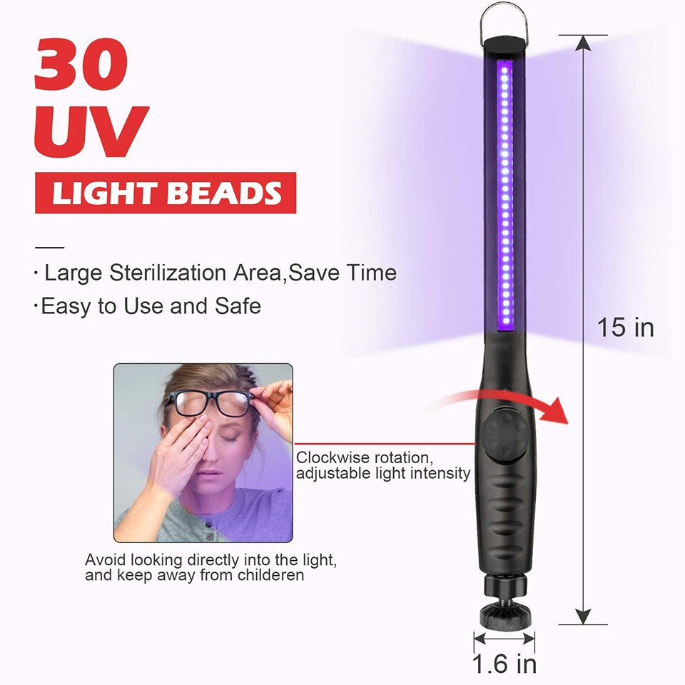 Portable Ultraviolet Lamp UV Sterilizer Light USB Rechargeable UVC Bactericidal Lamp Handheld Disinfection Germicidal Bulb 30LED