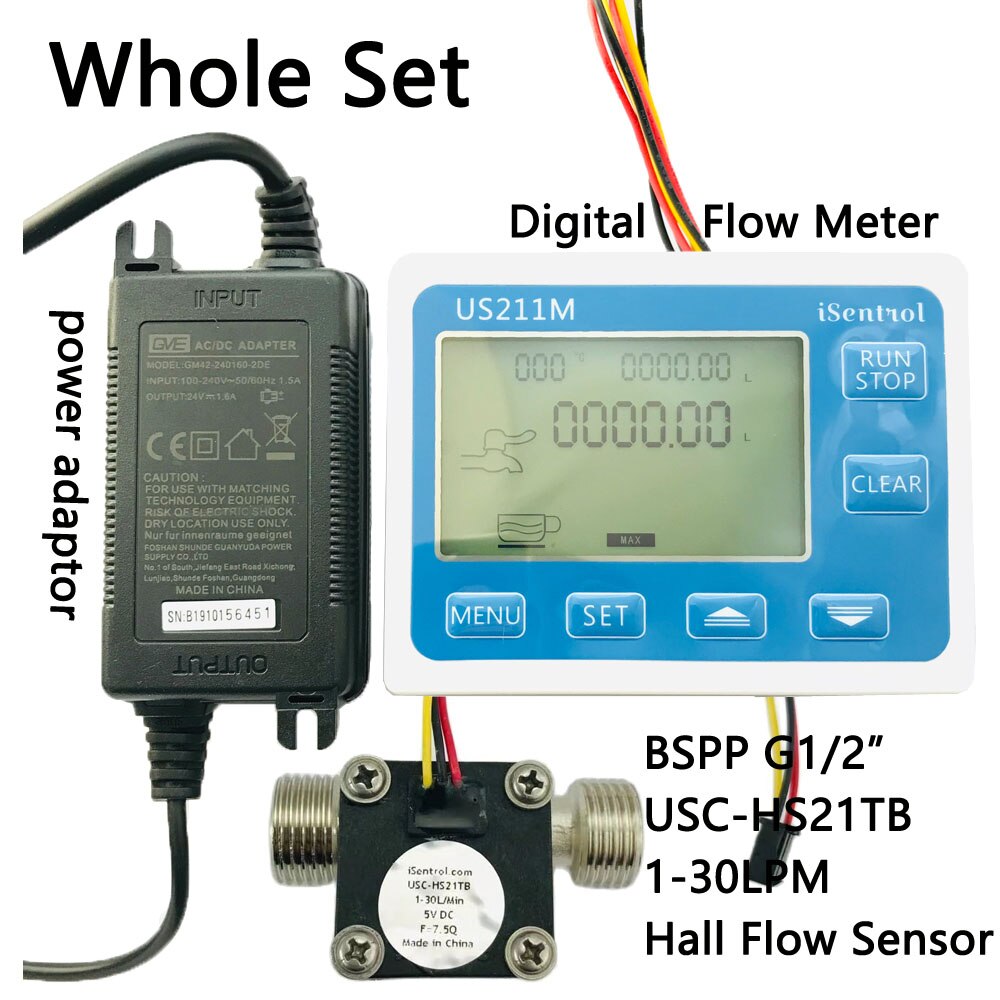 Hall Water Flowmeter Turbine Water Flow Meter US211M Digital Hall Water Flow Sensor Reader Nickeled Brass USC-HS21TB 1-30L/min: Whole Set