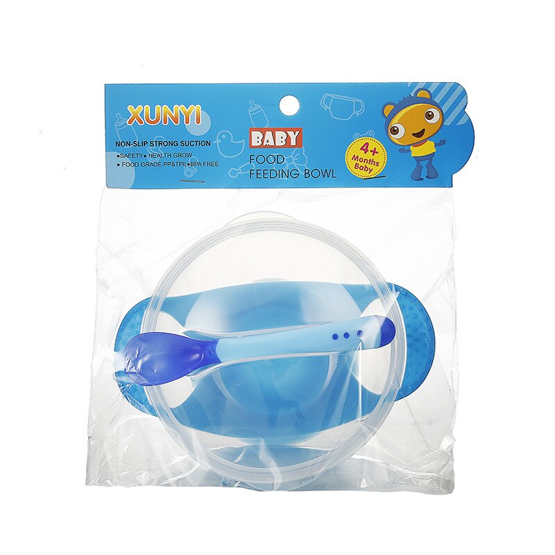 Baby bowl set training bowl induction temperature spoon set with lid learning bowl with suction cup children training tableware: blue