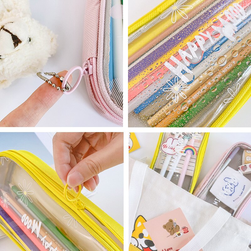 Estuche transparente con ventana para lápices, bolsa de gran tamaño para guardar lápices, material escolar para estudiantes, resistente al agua, F396
