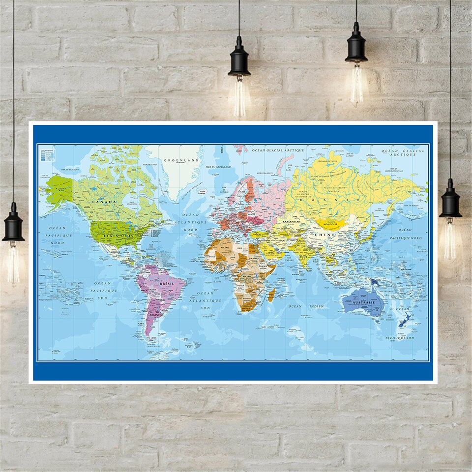 225*150cm Political Map of The World In French Large Wall Poster Non-woven Canvas Painting School Supplies Home Decoration