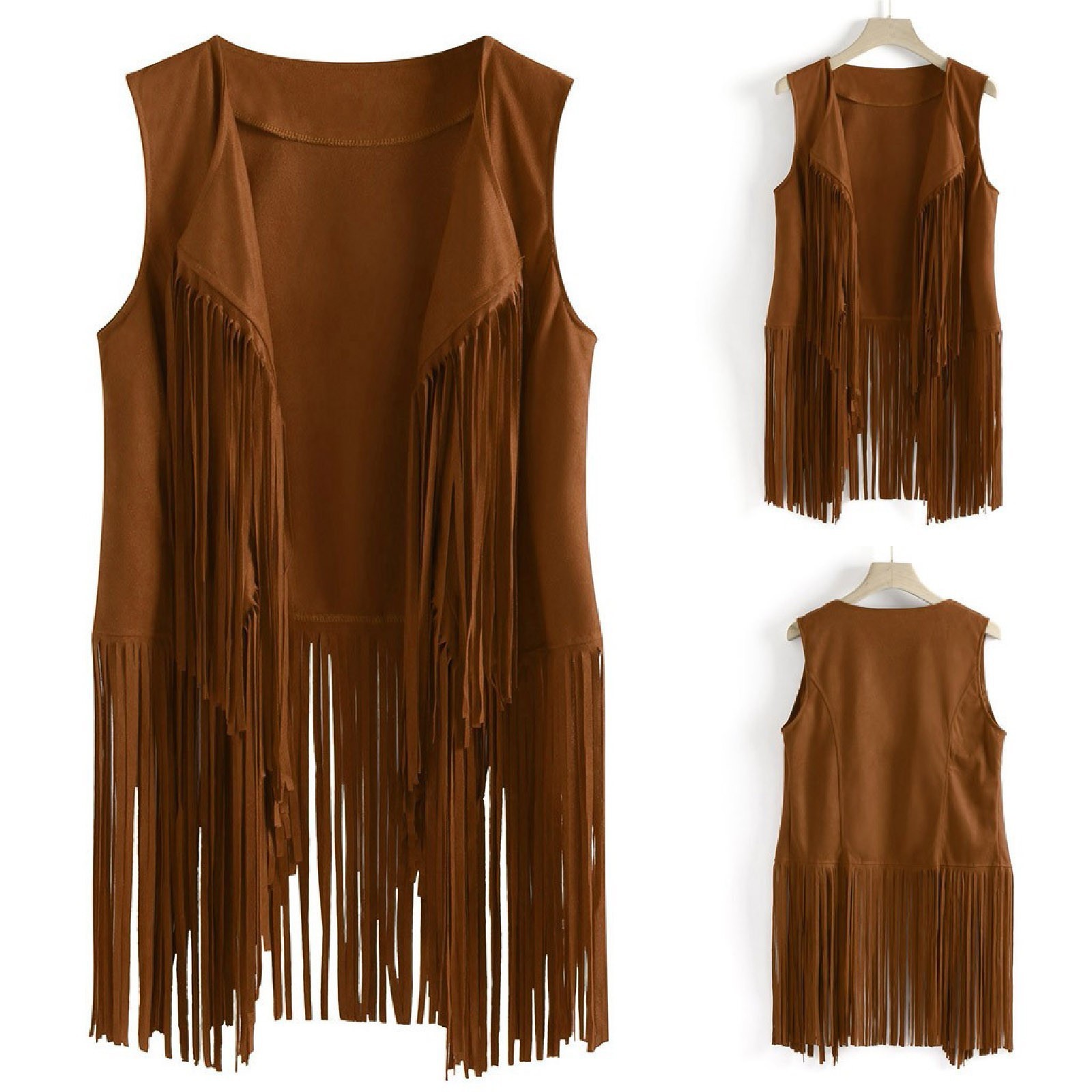 Women Faux Suede Vest Ethnic Sleeveless For Jacket Fringe Tassels Hippie Open Front Cardigan Vintage Waistcoat Vest Cardigan: S