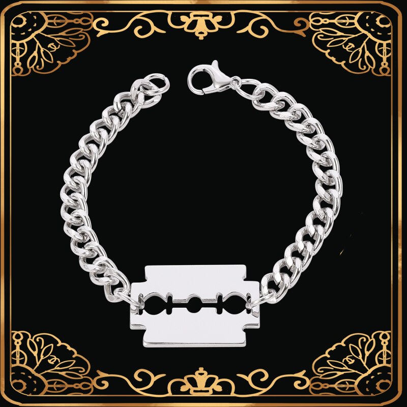 Punk Hip Hop Razor Blades Shaped Pendant Bracelet Men Silver Color Miami Curb Thick Choker Bracelet Jewelry Husband