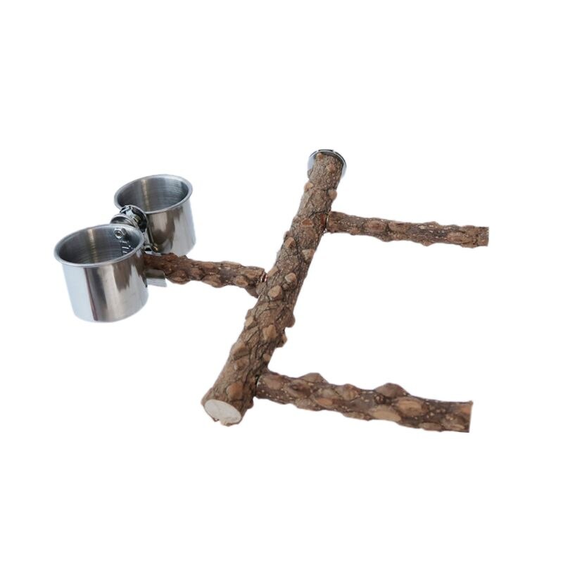 Percha de loro de madera natural espinoso soporte para pájaros taza de alimentación plataforma de palo de molienda