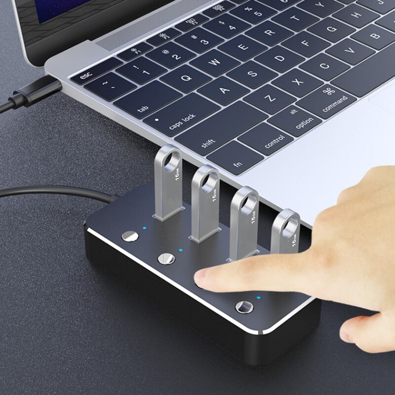LED Indicators Home Aluminum Alloy 4-Port Power Supply Extender Portable Switches PC USB Hub Laptop Notebook High Speed Splitter