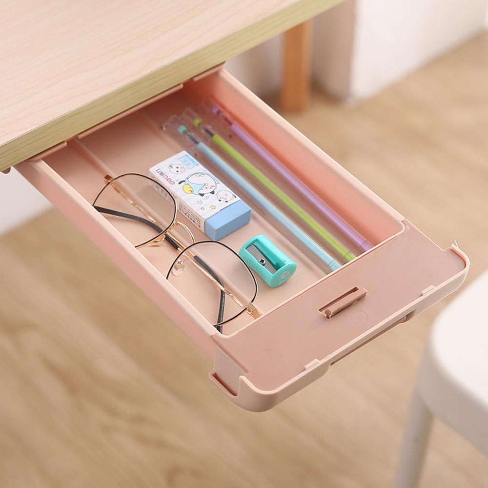 Hidden Table Under Paste Plastic Desk Organizer Memo Pen Stationery Storage Box Case Desk Drawer Divider Stationery Sticky Decor: Pink