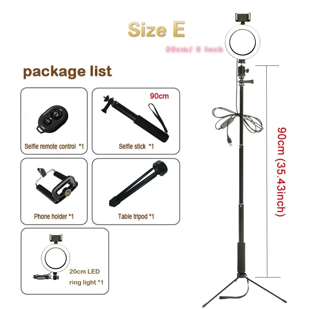 Handheld & Tripod 3 in 1 Extendable Monopod Phone Selfie Stick Ring Light with Wireless Remote Shutter Beauty Dimmable Ring Lamp: Size E