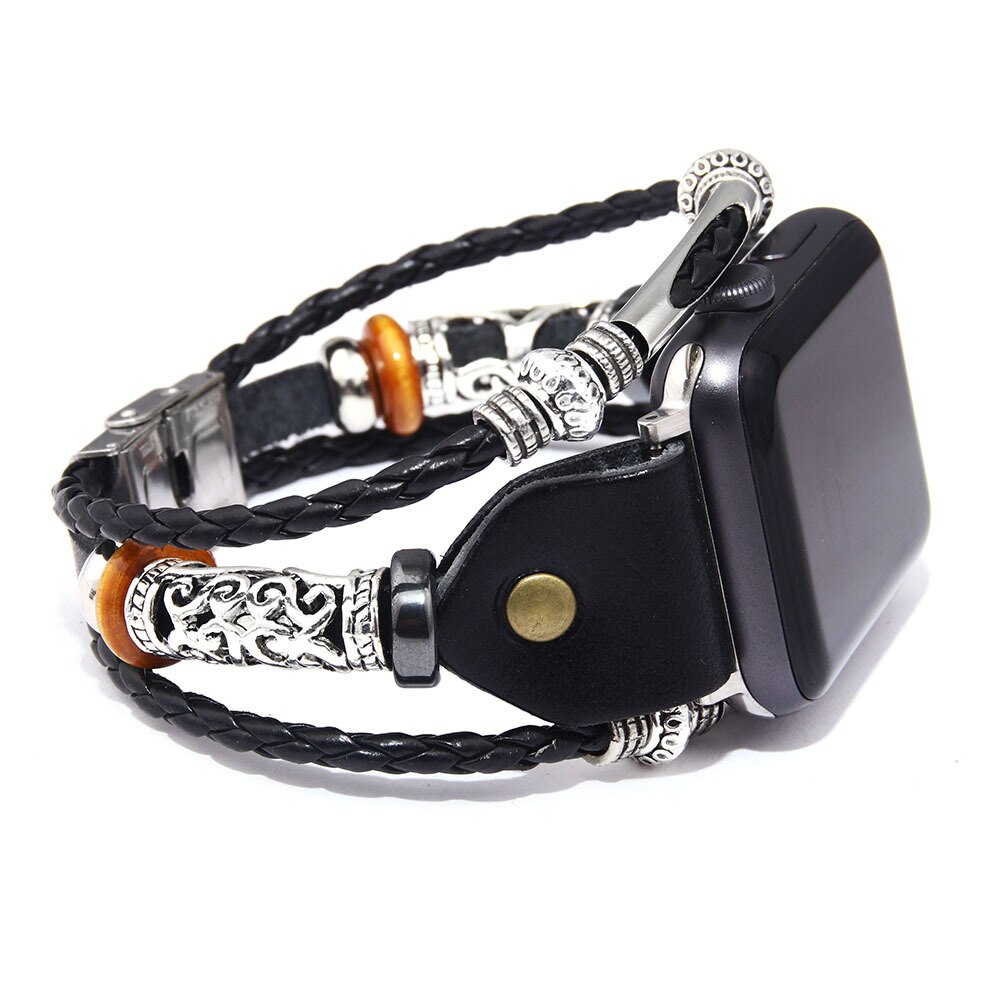 Vintage Multilayer Lederen Rvs Smart Horloge Armband Riem Gesp Viking Charm Armband Dames Sieraden: 42mm44mm black