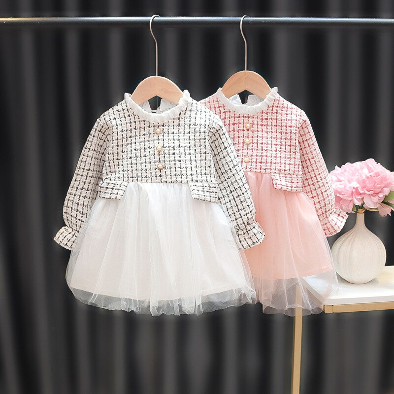 Meisjes Voorjaar Jurken Plaid Patchwork Mesh Prinses Baby Jurk Kinderen Kleding Lange Mouw Zoete Roze Voor Lente En Herfst