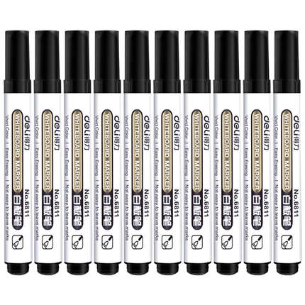 10PCS/BOX Deli 6811 Whiteboard marker Whiteboard pen smooth writing easy erase Black Blue Red 3 colors: Black-10pcs