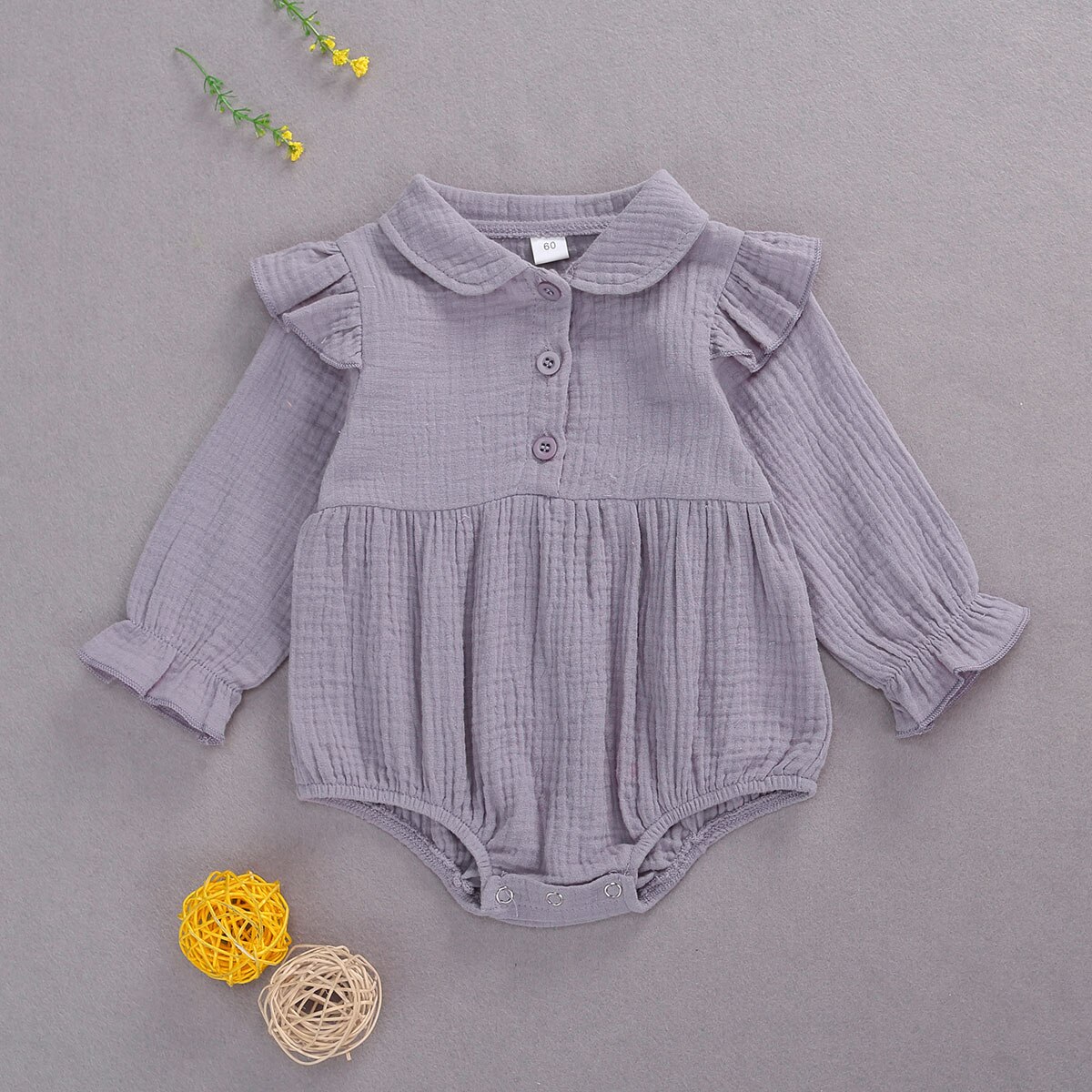 Baby Girls Boys Solid Romper Long Ruffles Sleeve Doll Collar Triangle Crotch Princess Infant Linen Cloth for Toddler 0-2 Years