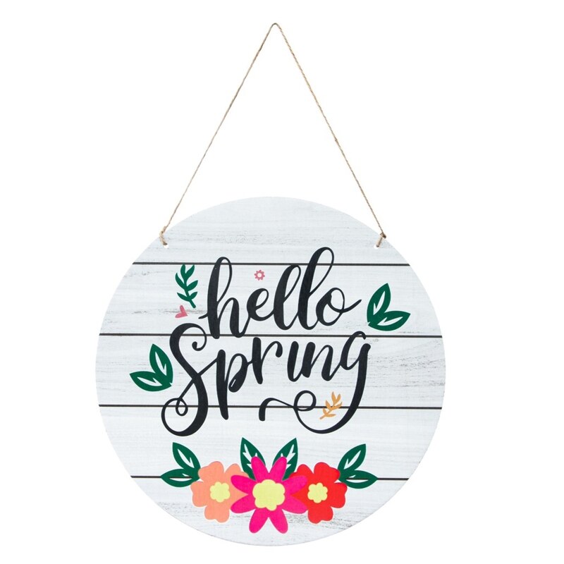 12 Inches Hello Spring Sign Wooden Rustic Front Door Hanger Festival Wall Hanging Plaque Home Garden Decorations for Easter