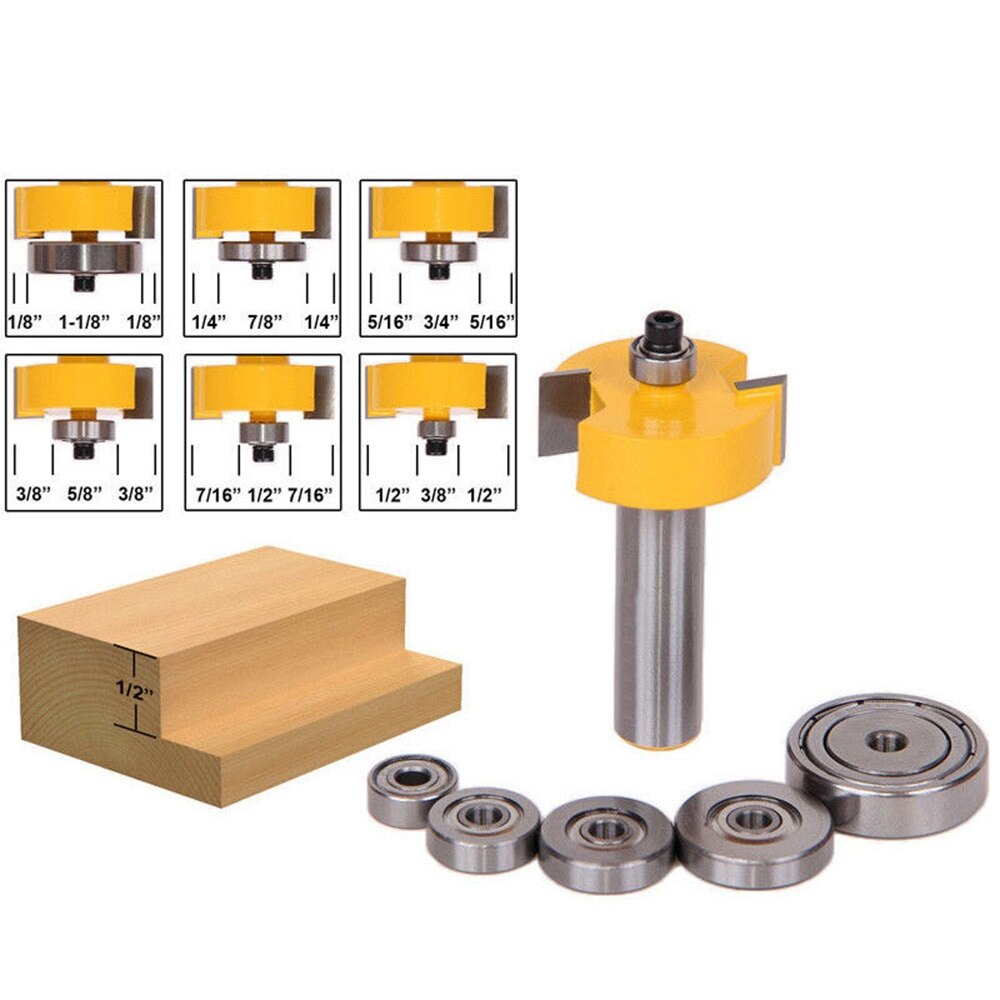 1/4” Inch Shank 1-3/8” Height Multi Rabbet Router Bit Set (6 Bearings Multiple Depths ) Interchangeable and Adjustable Bearing.: 2