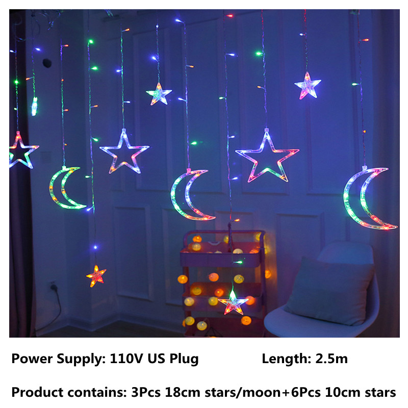 Cortina de luces LED con forma de luna y estrella para decoración, guirnalda de 3,5 M para Navidad, festividades, Año , cortina en la ventana: 110V US Plug Color
