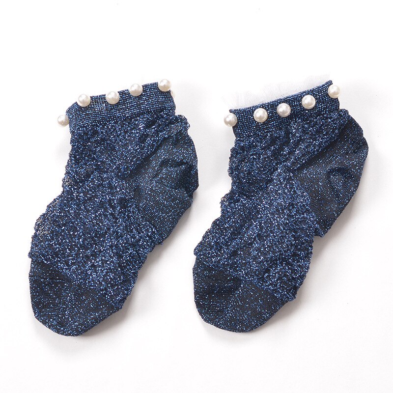 Chaussettes courtes en soie argentée et perles pour femmes, socquettes avec cristaux fins,: 7