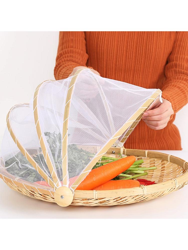 Handgemaakte Bamboe Geweven Bug Proof Rieten Mand Stofdicht Picknick Fruit Lade Brood Gerechten Cover Met Gaas