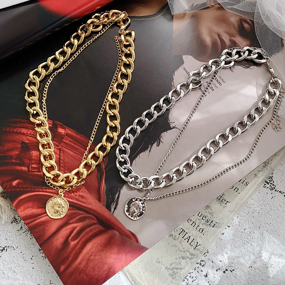 Hip Hop Double couche reine Coin tête courte clavicule chaîne en métal épais chaîne collier pour femmes tour de cou fête bijoux