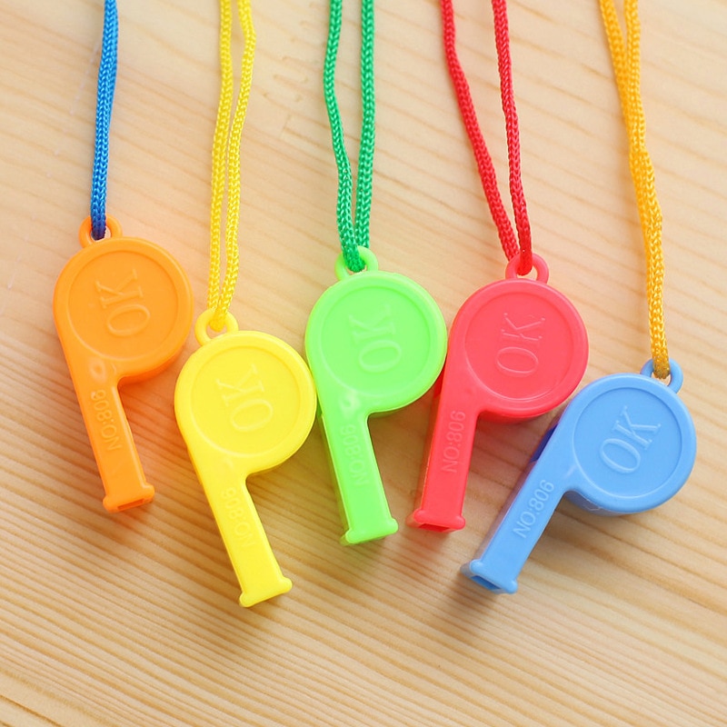 Sifflet en plastique 5 pièces | À corde suspendue, son fort, petit d'arbitre, sifflage de couleur aléatoire