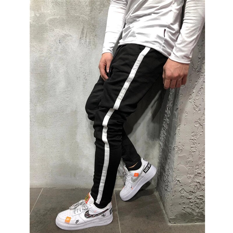 Mens Side Stripe Skinny Black Denim Jeans Hip Hop Streetwear Plus Size Slim Cotton Jeans Men Elasticity Skinny Jeans: BLACK / XXL