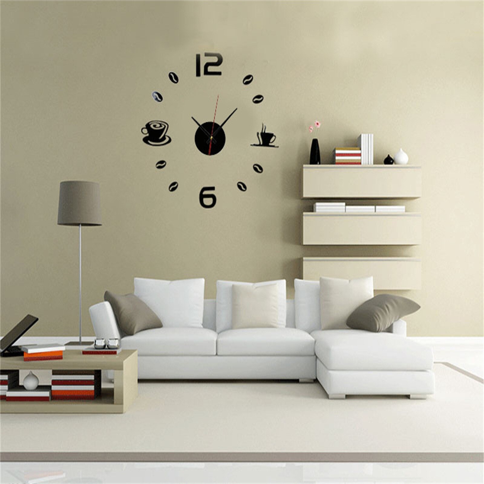 Cafe DIY Large Wall Clock Frameless Giant Wall Clock Modern Cafe Coffee Mug Coffee Bean Wall Decor Kitchen Wall Watch