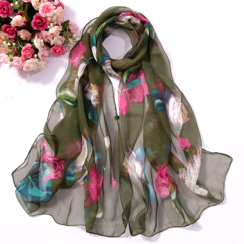Foulard en mousseline de soie Georgette pour femmes, fleur de Rose, Foulard pour femmes, châle, Bandana , Protection solaire pour la plage: Army green