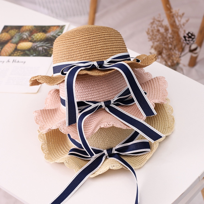 REYI001 summer kids girl casual straw hat Baby children Breathable Floppy large brim ribbon bowknot sun hat panama gorros