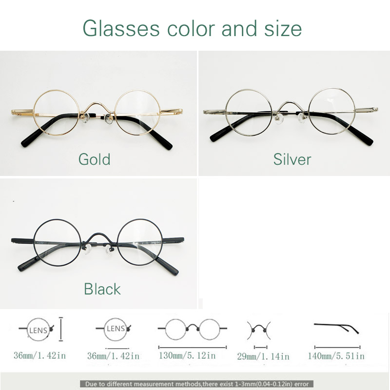 Round adult glasses, very small lens size, gold， black, silver size 36 mm ，Myopia Optical Prescription Glasses