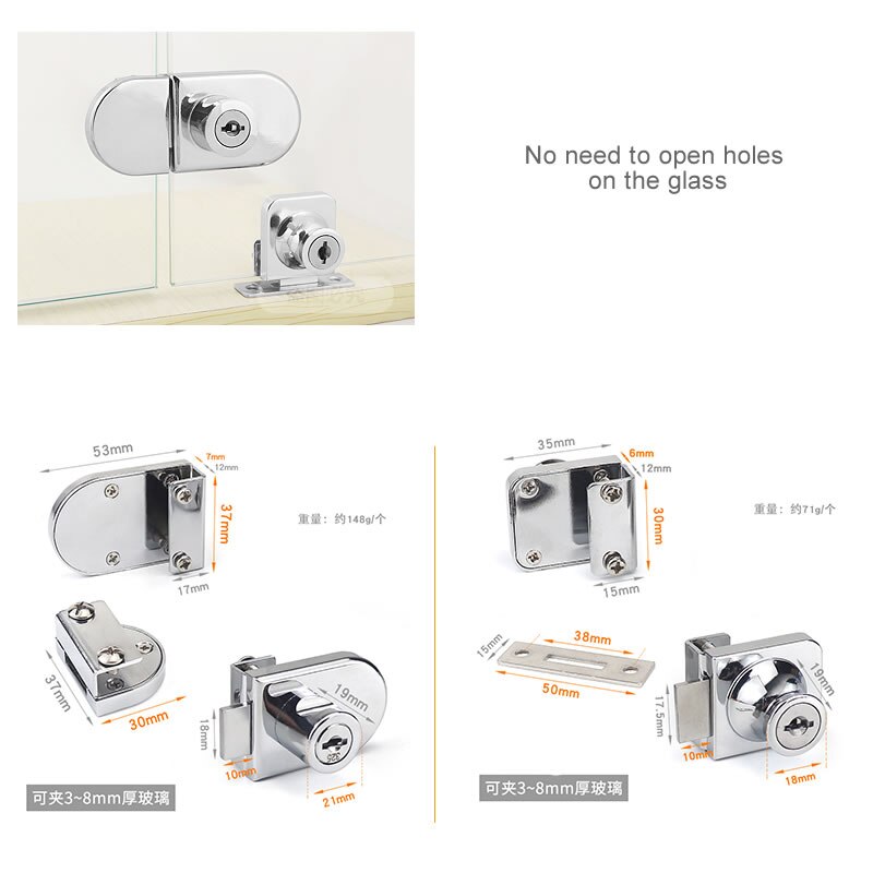Glass display cabinet/Showcase locks, Zinc Alloy,5-8mm glass, single/Double door,No need drilling,DIY cabinet,easy to install