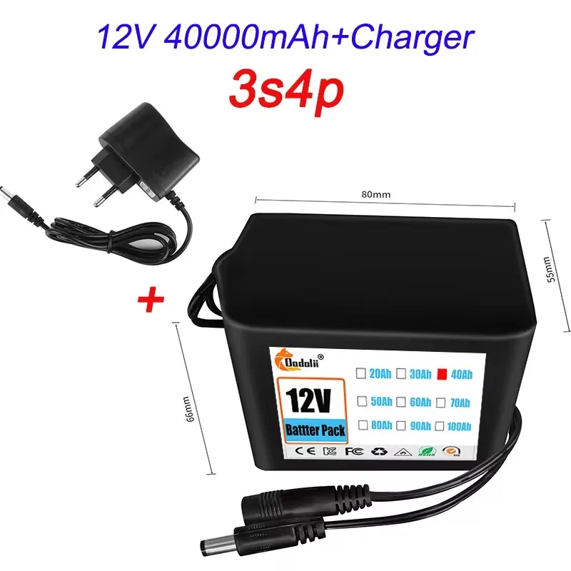 Bateria 3S3P 12V 18650 Lithium-ion 12V 30000mAh DC12.6V Bateria recarregável de ultra grande capacidade com BMS + carregador: CINZA