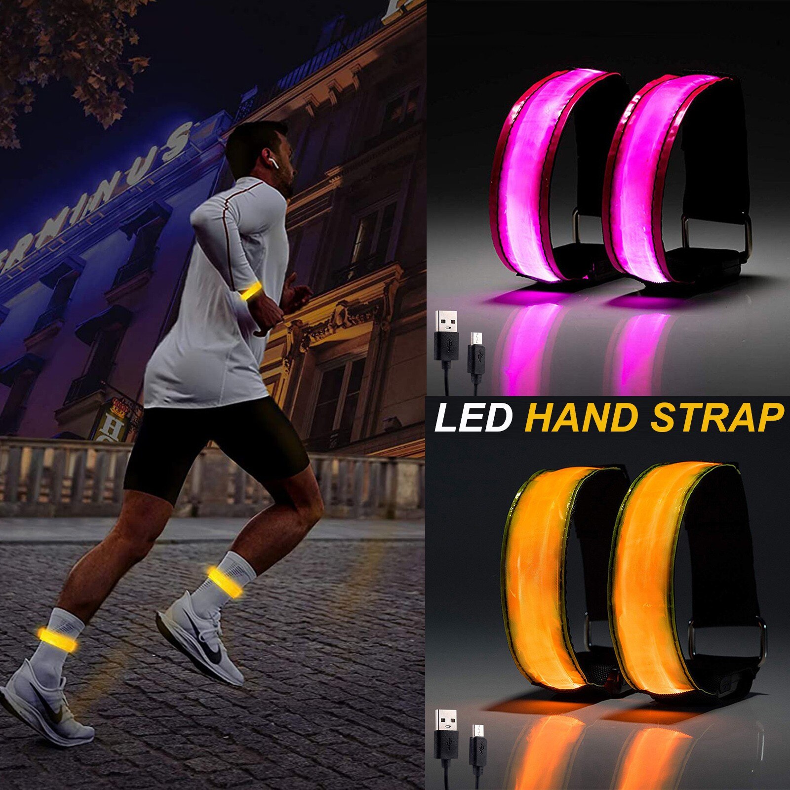 Reflecterende Armband Lopers Wandelaars Running Light Oplaadbare Led Hand Strap 2Pc + 1Pc Usb Line Night Joggen Wandelen fietsen