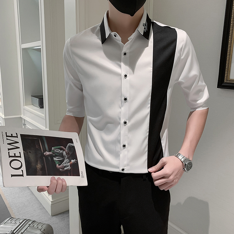 Patchwork Color Half Sleeve Men Casual Shirts Dress Streetwear Spring Summer Slim Fit Club Tuxedo Camisas De Hombre