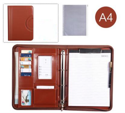 Business Zipper Portfolio, PU Leather Padfolio Folder with Handle .: brown