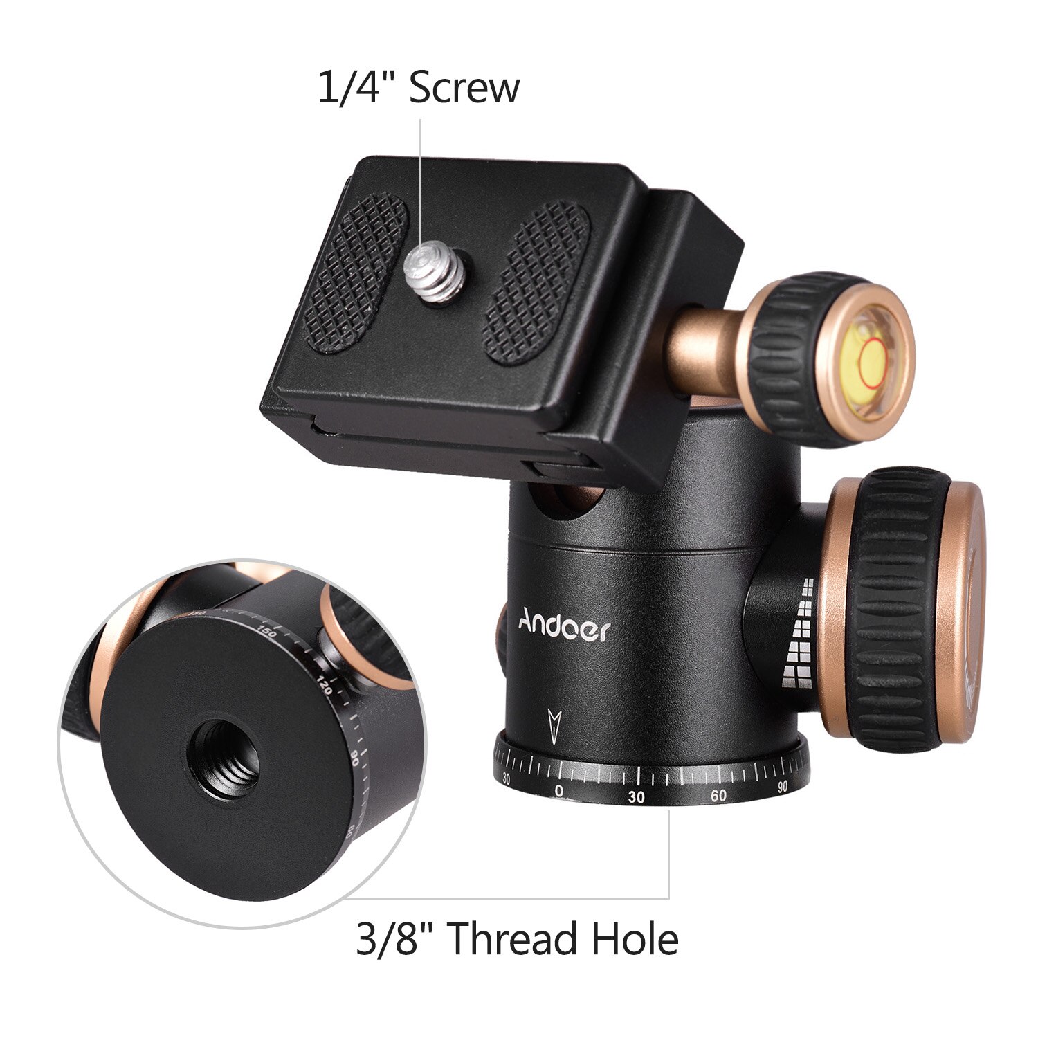 Andoer Q30 CNC Panorama Treppiedi Testa A Sfera A 360 Gradi di Rotazione con 1/4 Pollici Vite 3/8 Pollici Foro per Vite per Smartphone macchina fotografica