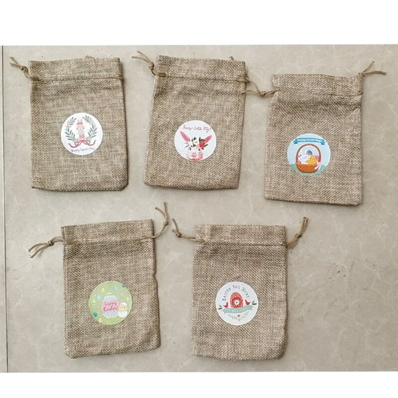 10 Pcs Easter Burlap Goody Bags Cute Sticker Treat Drawstring Linen Bags 63HC