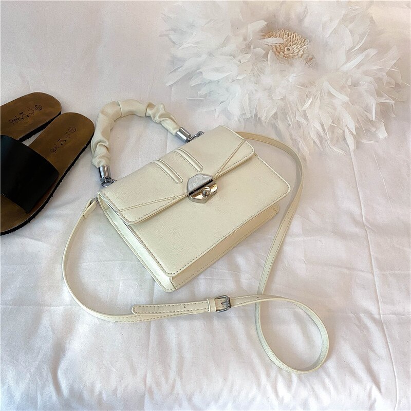 Effen kleur geplooide flip tote tas hoge pu leren dames handtas slot schoudertas messenger bag: Wit