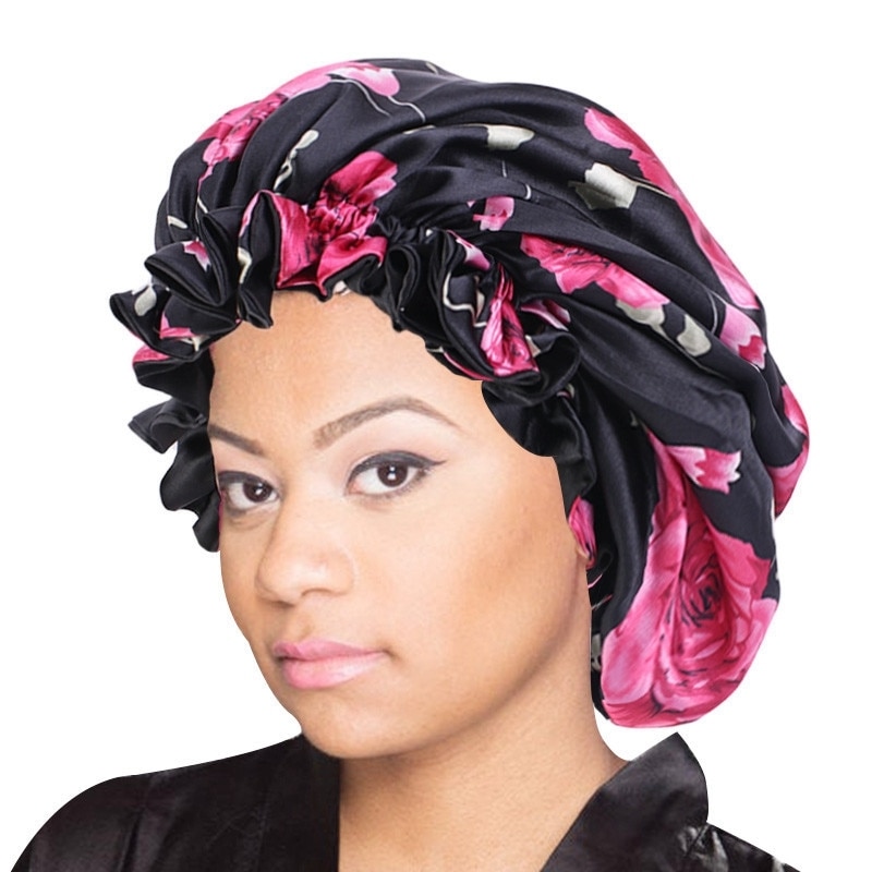 Large Satin Linned Bonnet Sleep Caps Double-sided Reversible Bonnet Hat Silky Night Sleep Cover Cap Ladies Hair Styling Tool