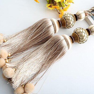 Embrasses de rideaux à Pompons, 2 pièces, cordes à franges, boules de ceinture suspendues, boucle de rideau, fermoir, accessoires: Beige