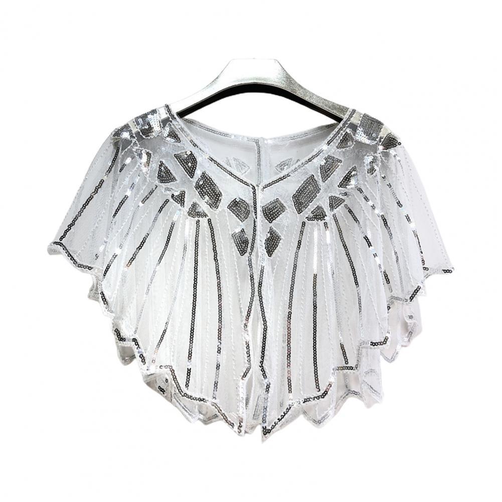 Scalloped High Beaded Sequin Short Top Women Cape See-through Women Shawl Decorative Women Accessories: White  Silver