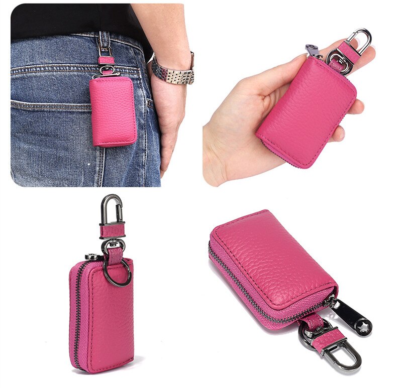 Bolso pequeño para llaves para hombre y mujer, Cartera de cuero auténtico, organizador de llaves, cartera de la llave del coche: Pink