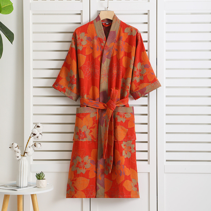 Albornoz de gasa de doble capa de algodón puro para primavera/verano, tela fina teñida, ropa de hogar para parejas, bata tipo kimono de estilo japonés, pijama: M / Gris