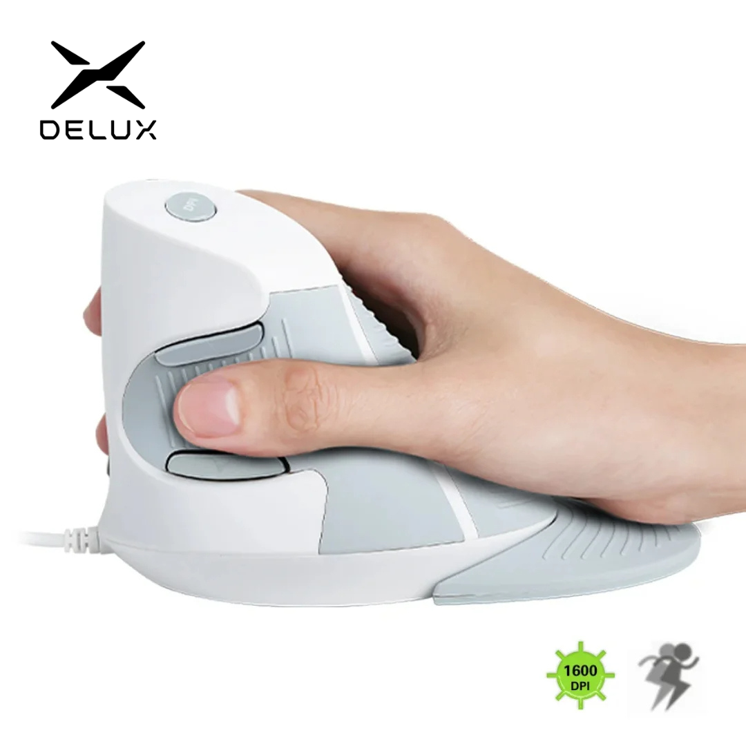 Delux  m618bu witte bedrade ergonomische verticale muis 1600 dpi 6 knoppen optische muis rechtshandig met polsmat voor pc en laptop