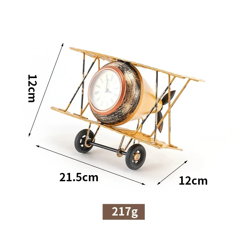 metal wrought iron airplane clock model desktop retro clock photography prop ornament office desktop decoration ornament: light green