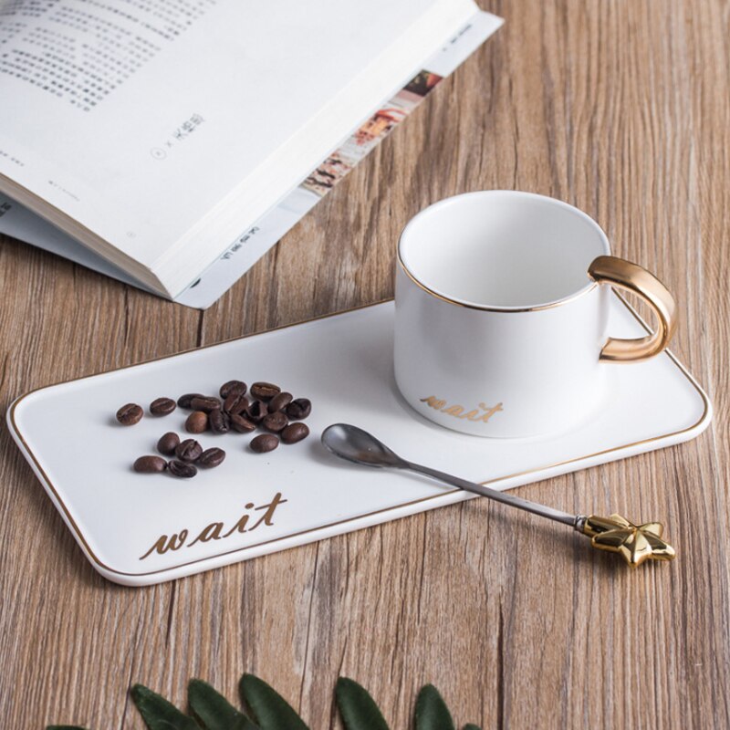 Northern Europe Luxurious Ceramic Coffee Mugs with Saucer Plate Spoon Set Milk Tea Cup for Birthday Afternoon Tea Snack: White Set