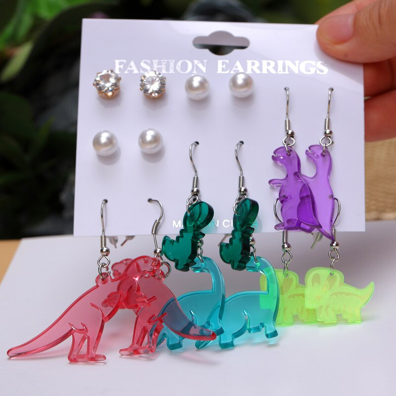 Boucles d'oreilles en forme d'animal et de dinosaure, 8 paires/ensemble, tendance, mignonnes, adaptées aux femmes, transparentes, ours, fleur, petites boucles d'oreilles, naissance amusante