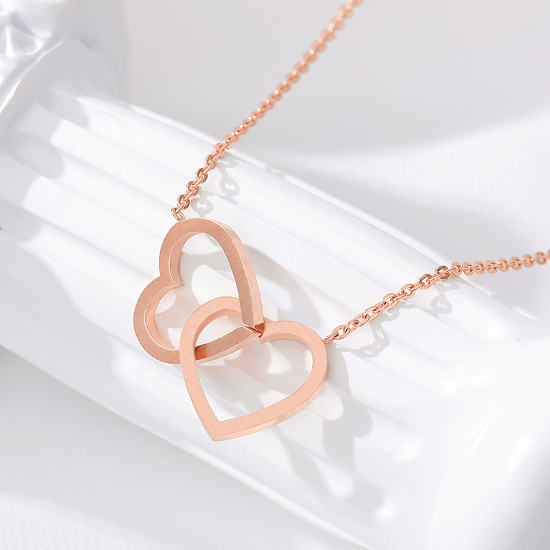 Colares dupla de coração para mulheres, pingente de aço inoxidável, corrente dourada, chocadores, colar em forma de coração, joia de casamento, presente: Rose Gold Color