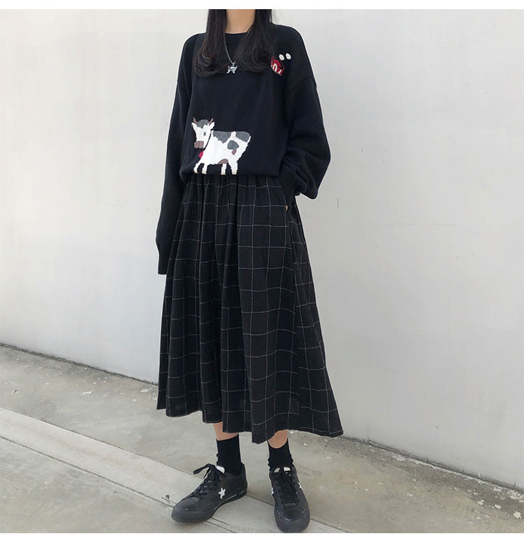 2 farben japanischen stil hohe elastische taille Lange Röcke Frau herbst Winter Plaid A-linie plissee Röcke frauen (X1078)