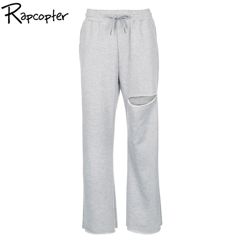 Rapcopter baggy bukser med brede ben kvinder afslappet streetwear løse outfits hul højtaljet hip hop sommer joggerlommer joggingbukser: S